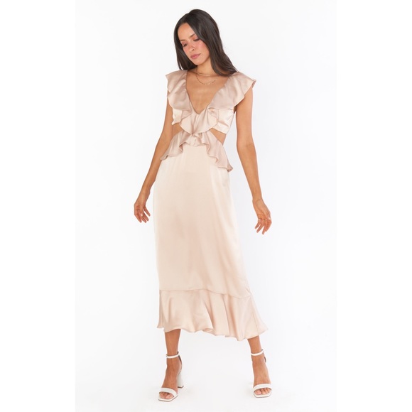 Show Me Your Mumu Zoey Midi Dress in Champagne Luxe Satin size S - Picture 2 of 6